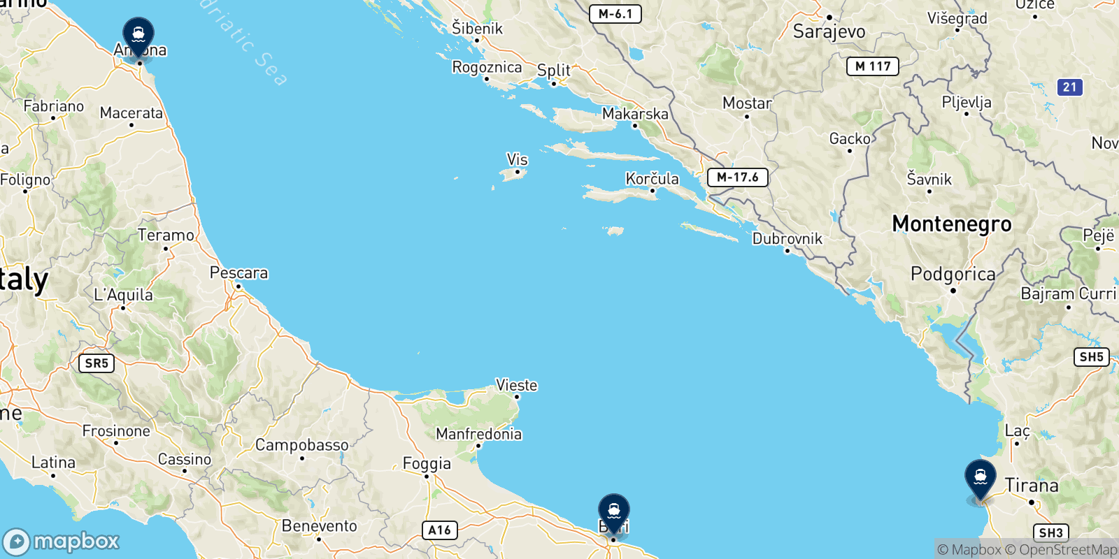 Mapa de los destinos Adria Ferries