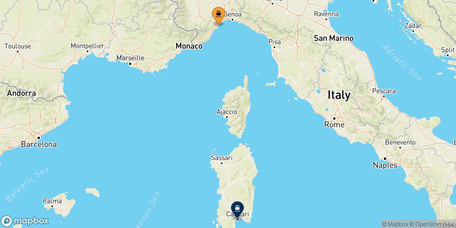 Mapa de la ruta Savona Cagliari