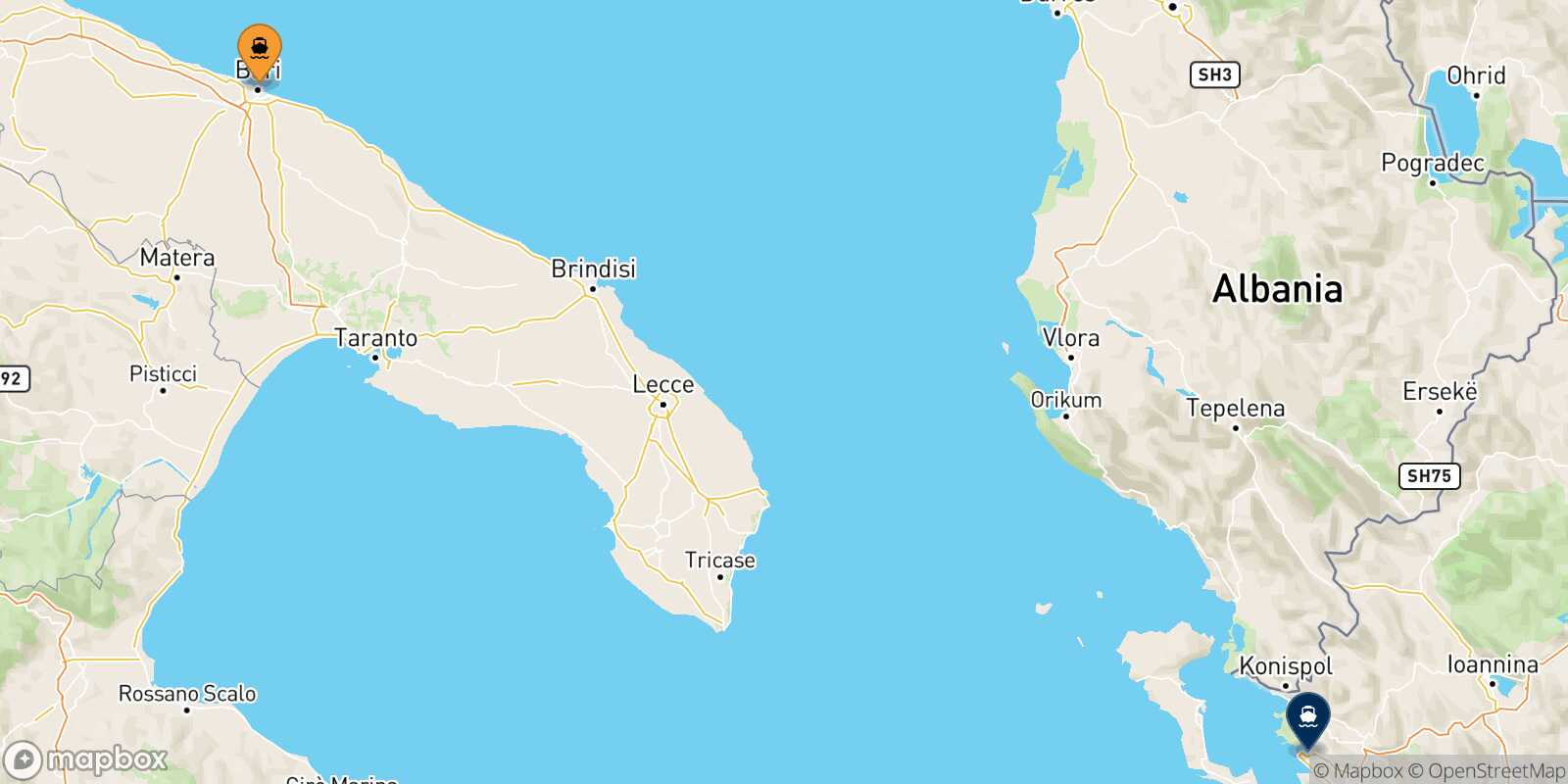 Mapa de la ruta Bari Igoumenitsa