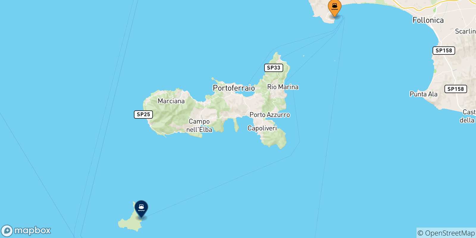 Mapa de las posibles rutas entre Piombino y  Isla De Pianosa