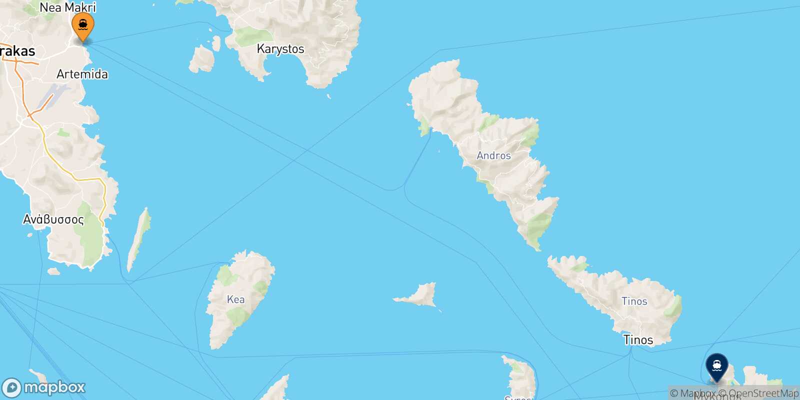 Mapa de la ruta Rafina Mykonos