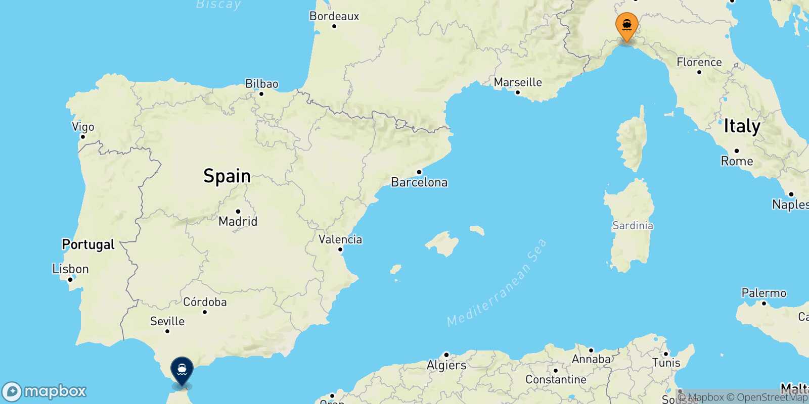 Mapa de la ruta Genova Tánger Med