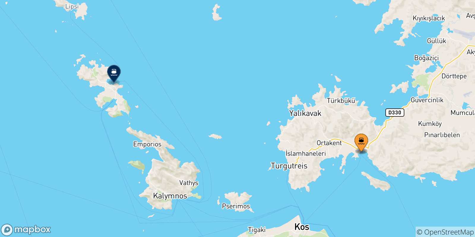 Mapa de las posibles rutas entre Turquía y  Leros
