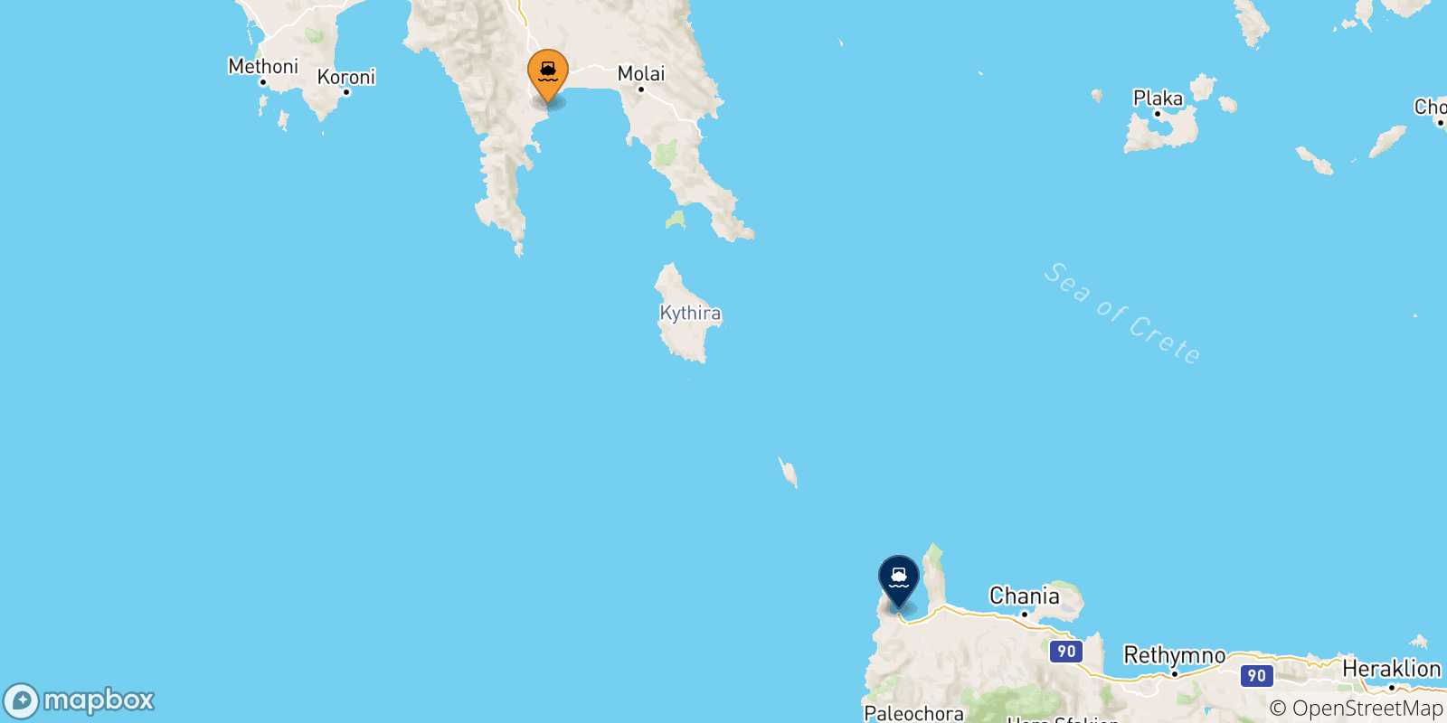 Mapa de las posibles rutas entre Gythio y  Creta
