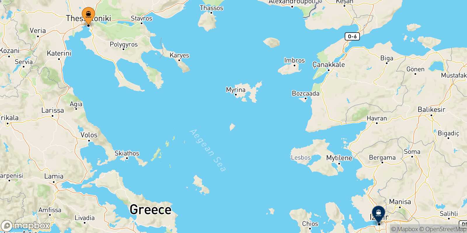 Mapa de la ruta Salónica Izmir