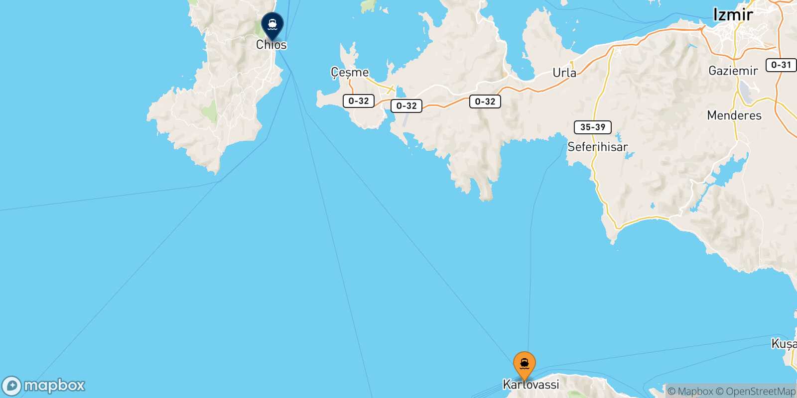 Mapa de la ruta Karlovassi (Samos) Quios