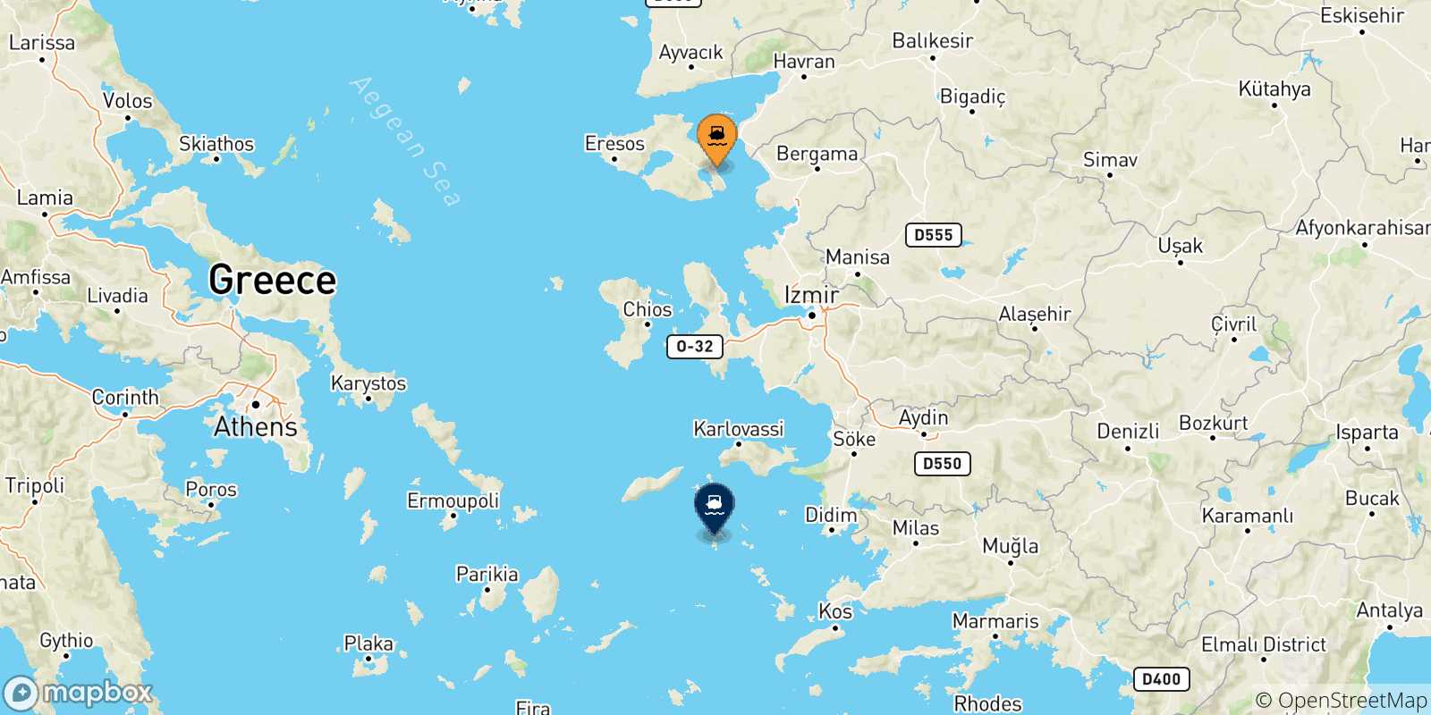 Mapa de las posibles rutas entre Mytilene (Lesvos) y  Dodecaneso