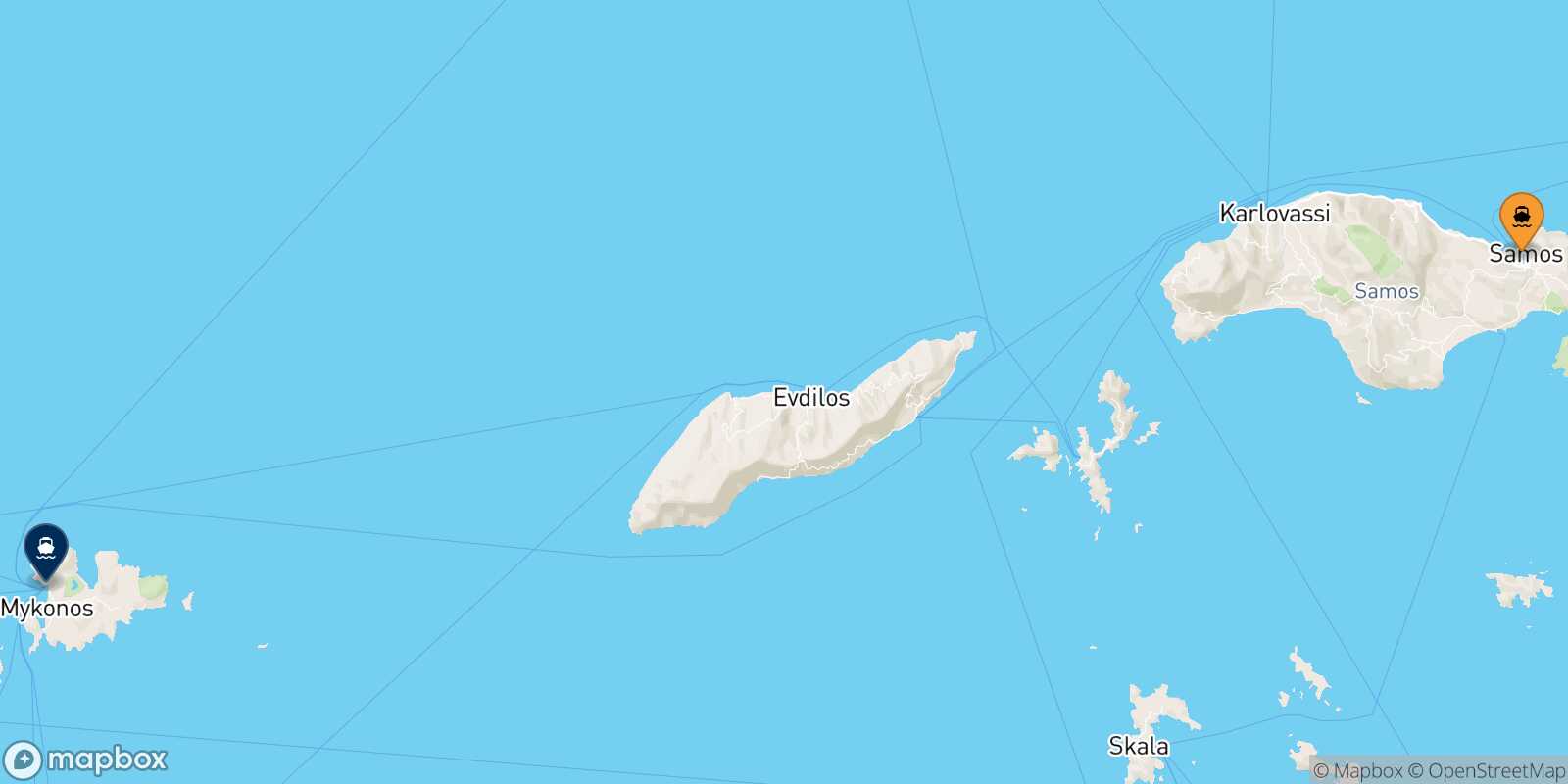 Mapa de la ruta Vathi (Samos) Mykonos