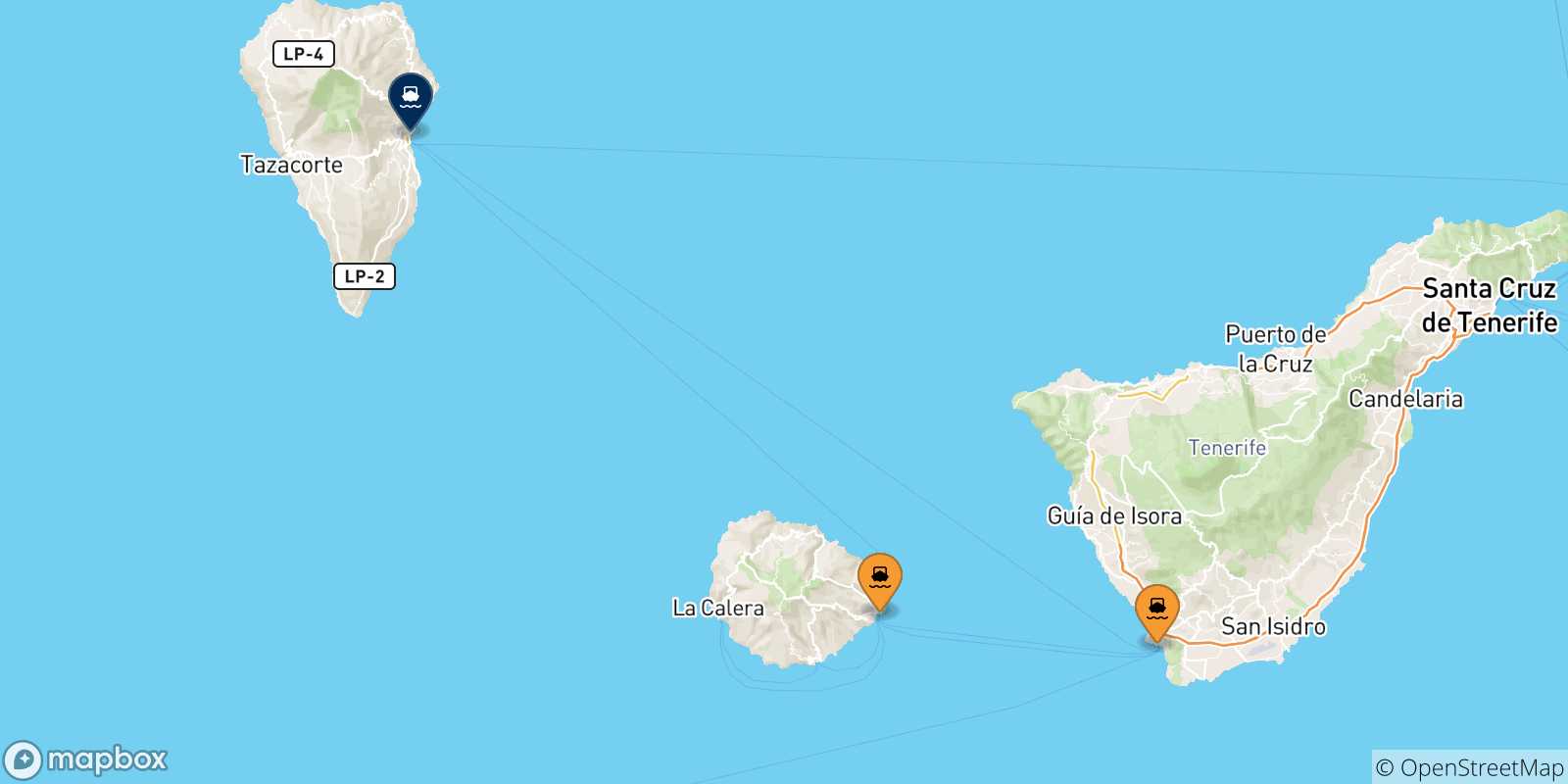 Mapa de las posibles rutas entre España y  Santa Cruz De La Palma