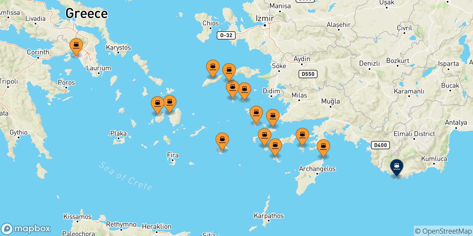 Mapa de las posibles rutas entre Grecia y  Kastelorizo