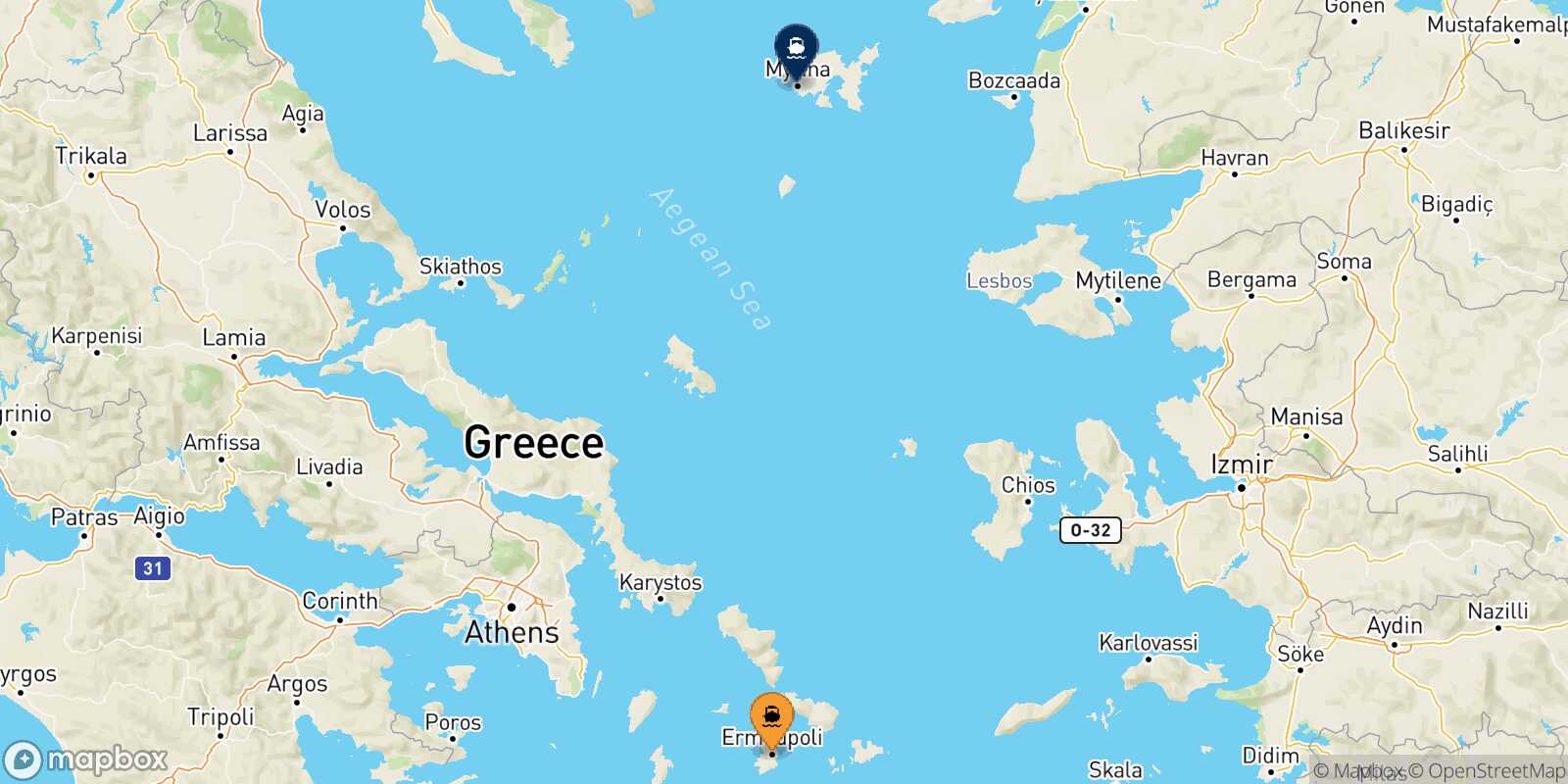 Mapa de la ruta Syros Mirina (Limnos)