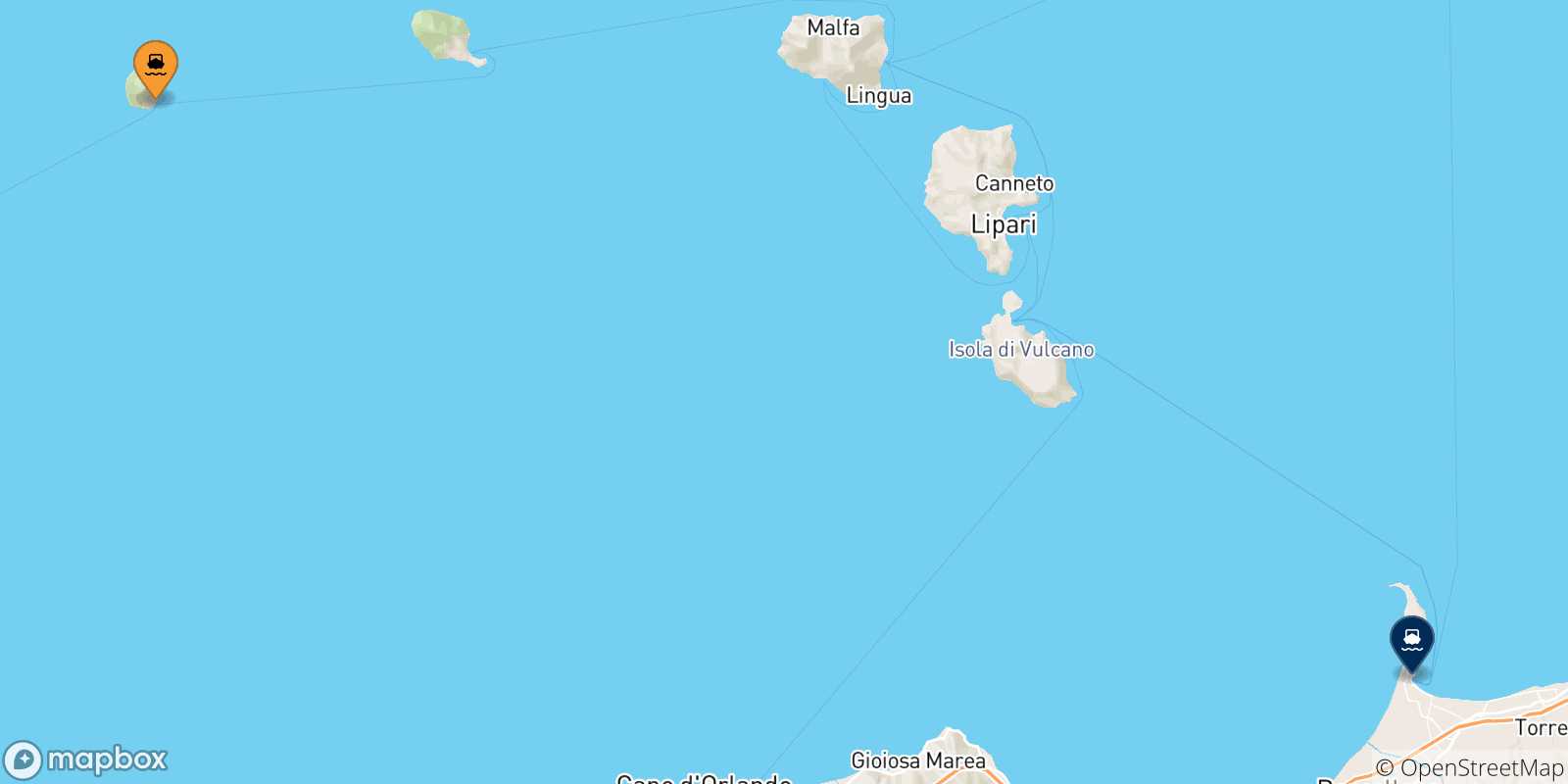 Mapa de las posibles rutas entre Alicudi y  Sicilia