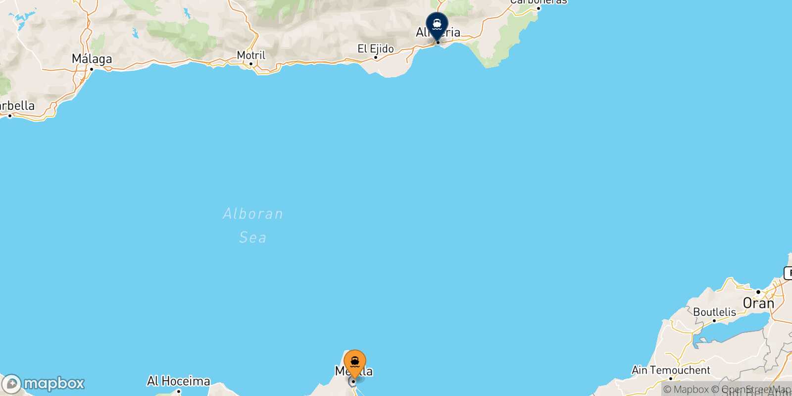 Mapa de los puertos conectados con  Almería