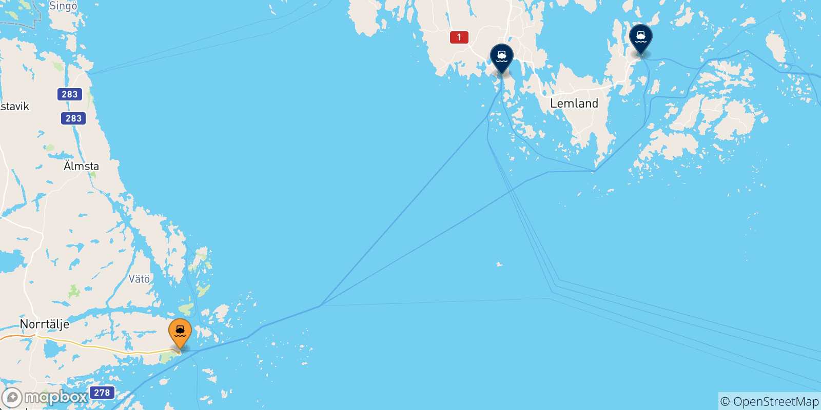 Mapa de las posibles rutas entre Kapellskar y  Islas Aland