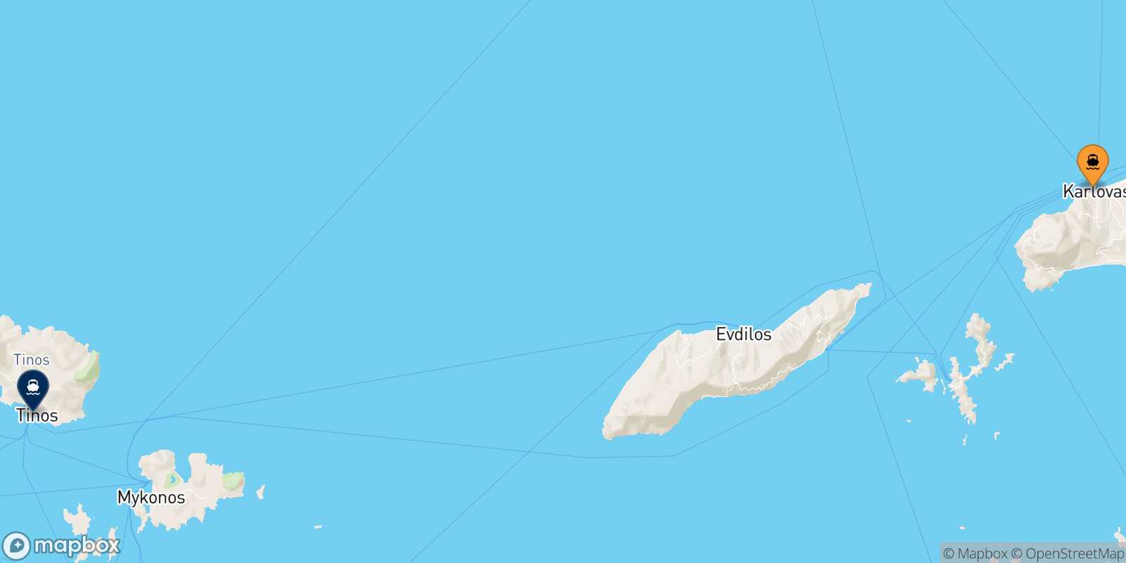 Mapa de la ruta Karlovassi (Samos) Tinos