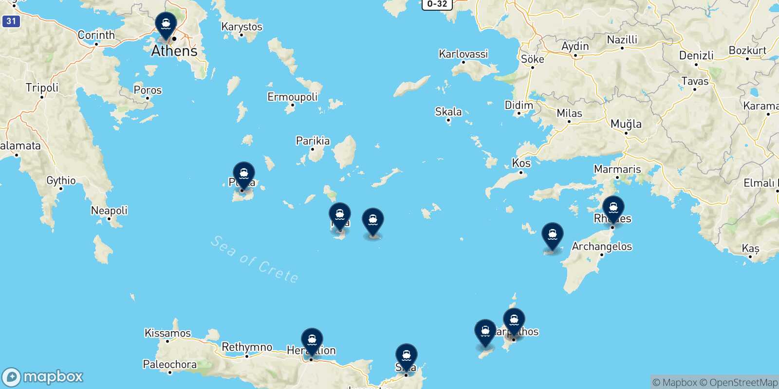 Mapa de los destinos alcanzables de Diafani (Karpathos)