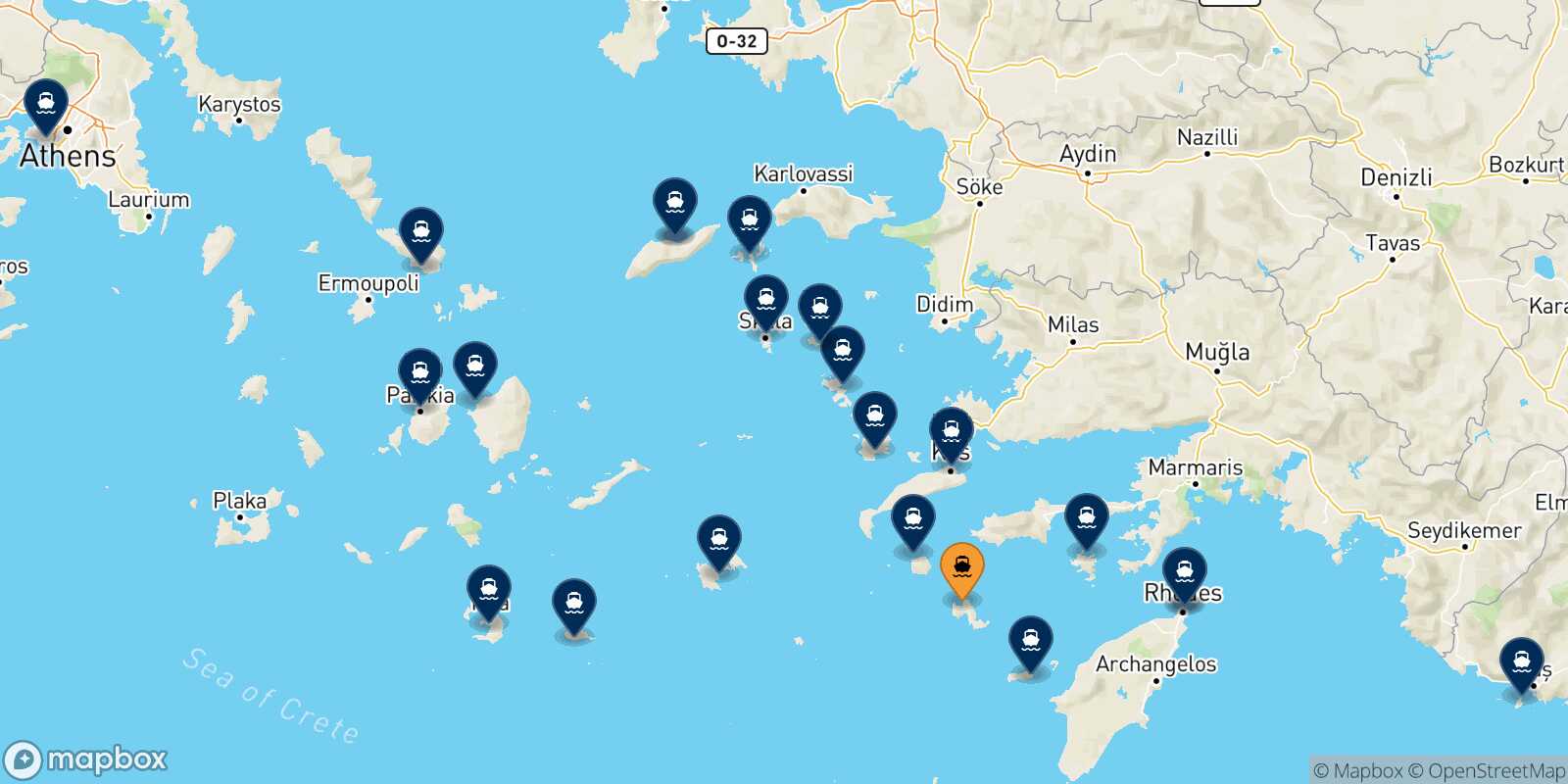 Mapa de los destinos alcanzables de Tilos