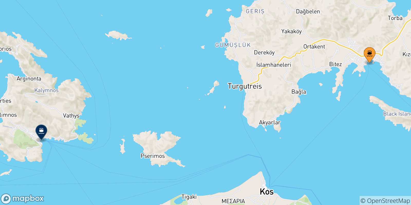 Mapa de las posibles rutas entre Turquía y  Kalymnos