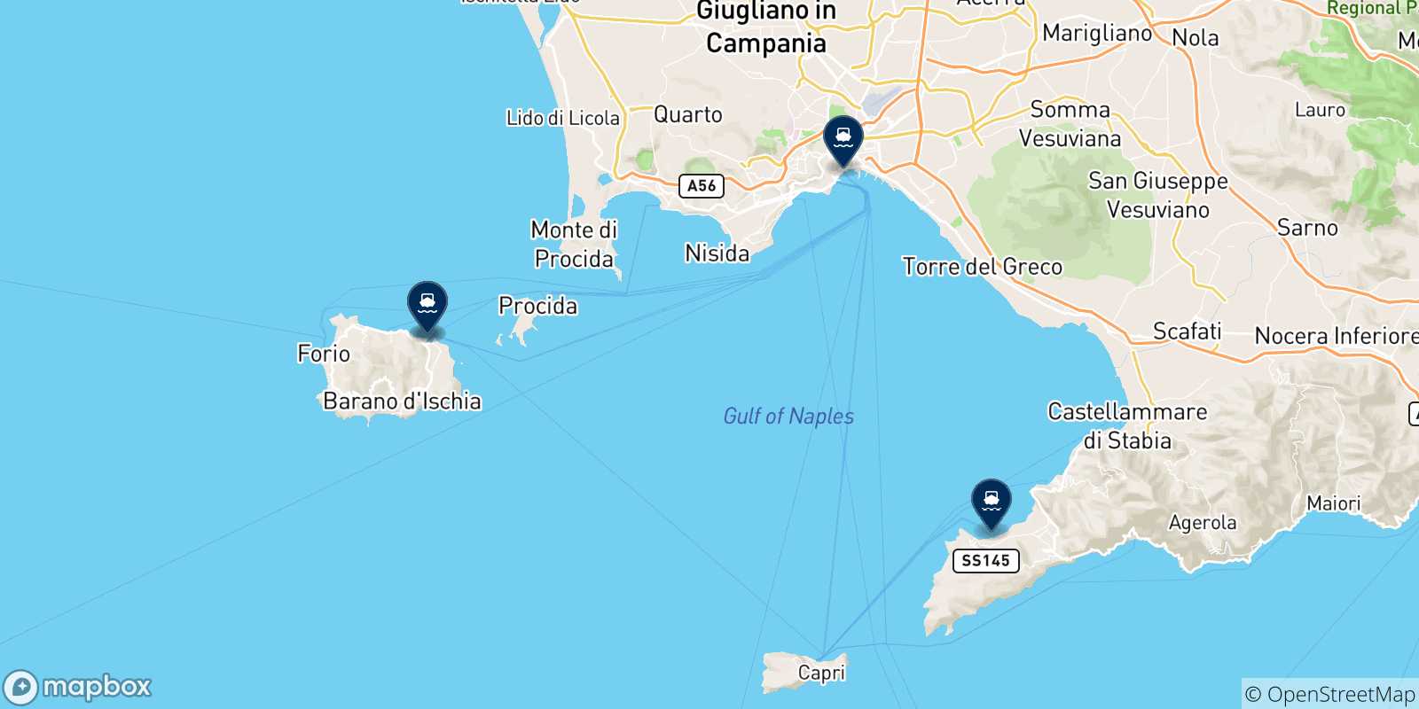 Mapa de las posibles rutas entre Ischia y  Italia