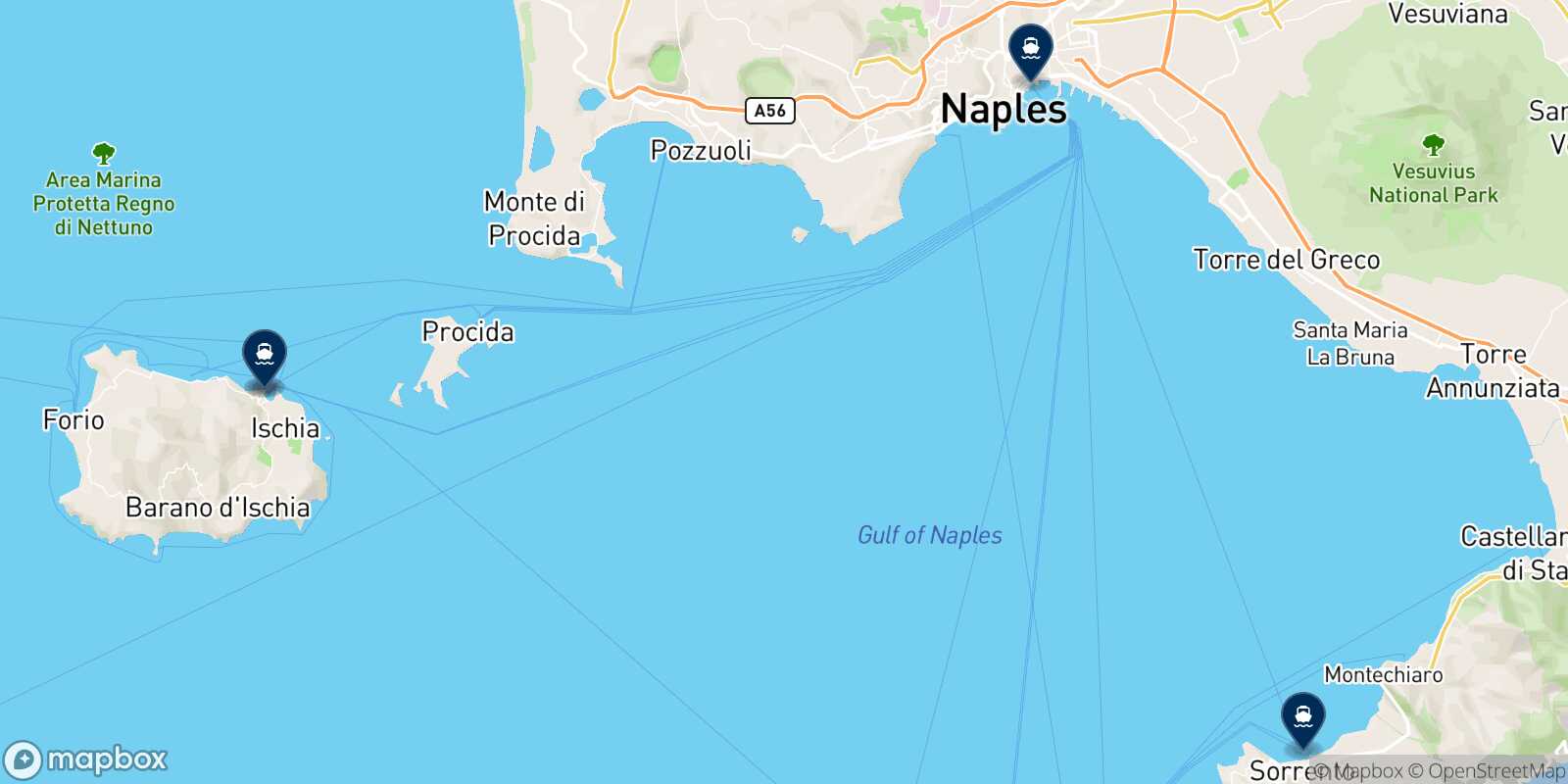 Mapa de los destinos alcanzables de Ischia