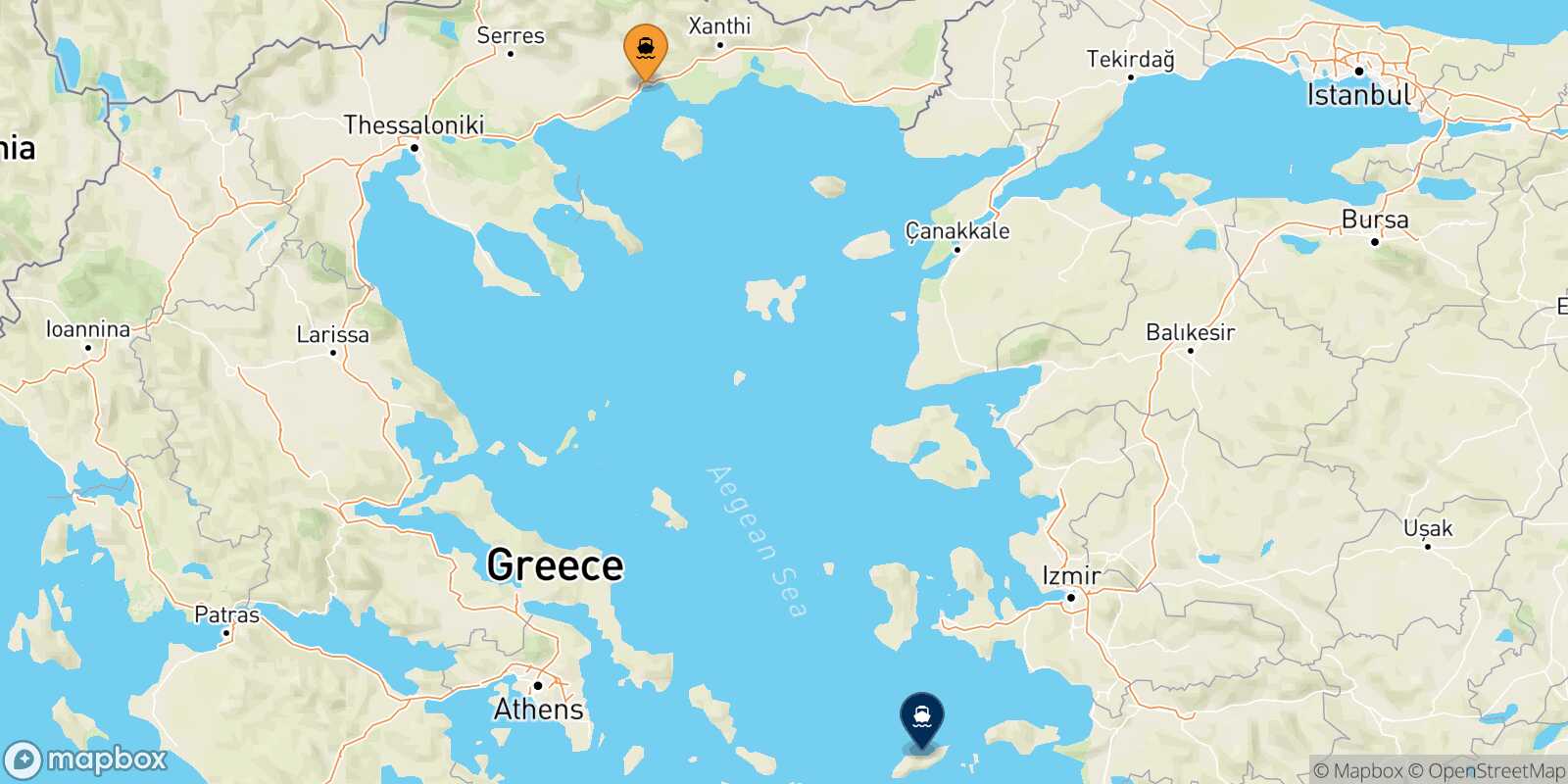 Mapa de la ruta Kavala Agios Kirikos (Ikaria)