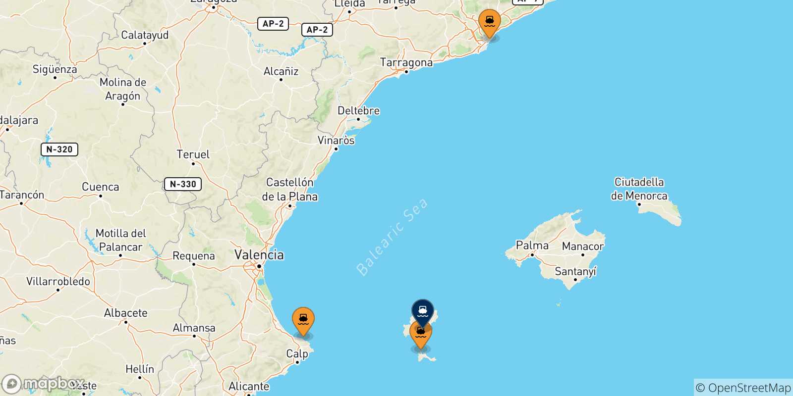 Mapa de las posibles rutas entre España y  Ibiza