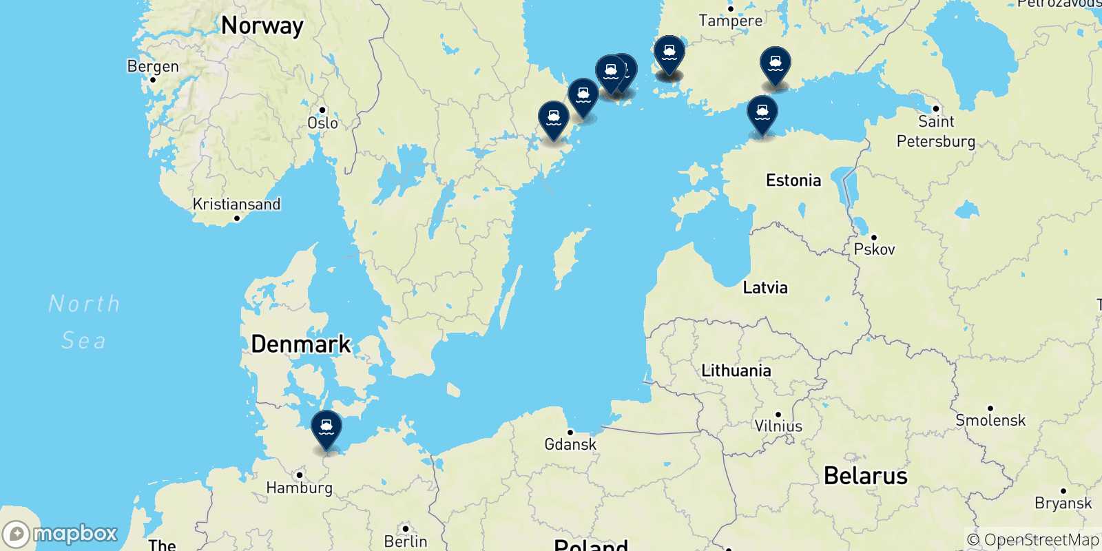 Mapa de los destinos alcanzables de Finlandia