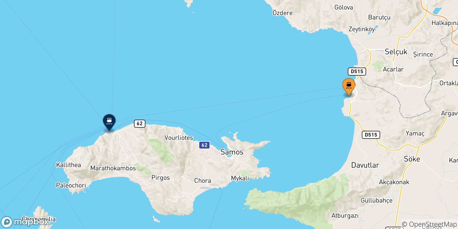 Mapa de las posibles rutas entre Turquía y  Pythagorio (Samos)