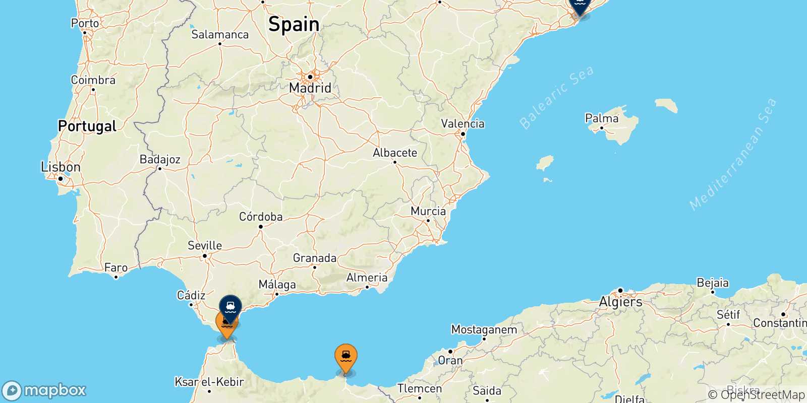 Mapa de las posibles rutas entre Marruecos y  España