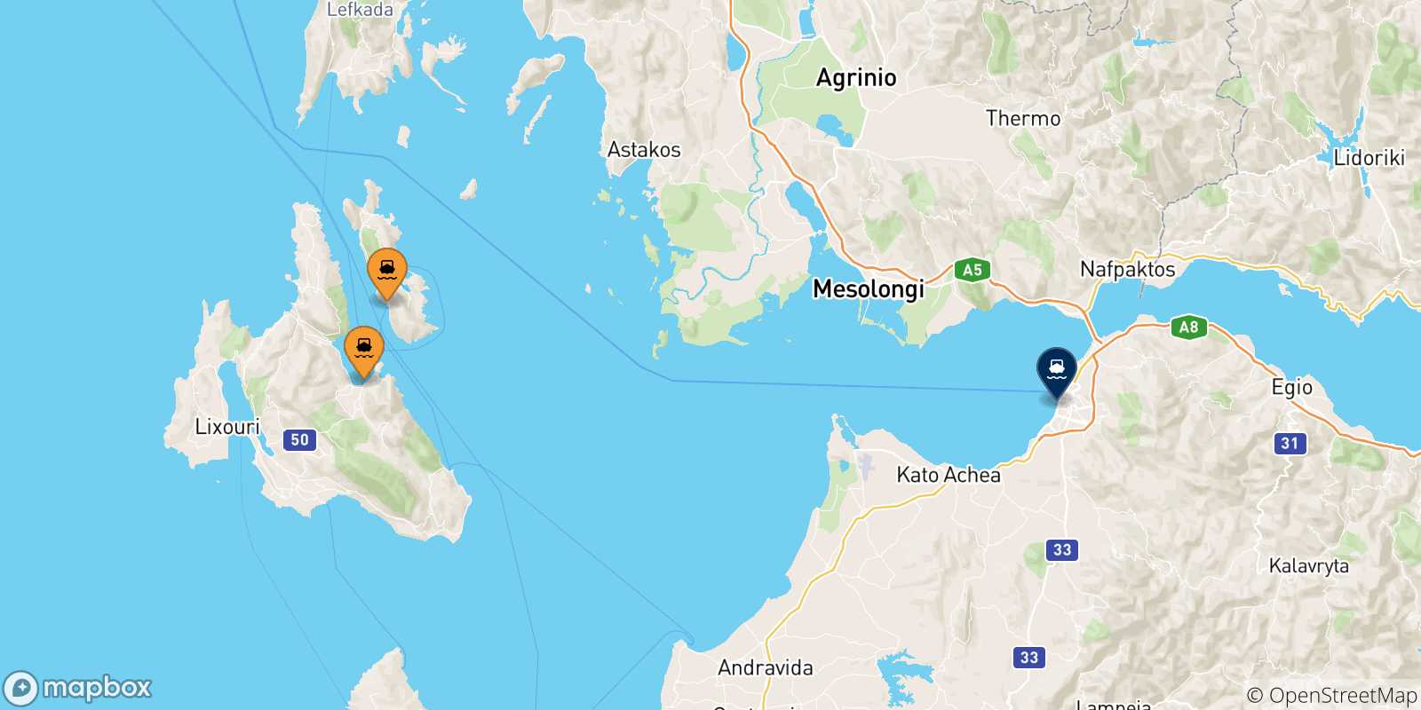 Mapa de las posibles rutas entre Grecia y  Patras