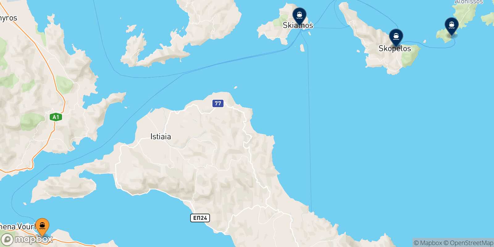 Mapa de los destinos alcanzables de Agios Konstantinos