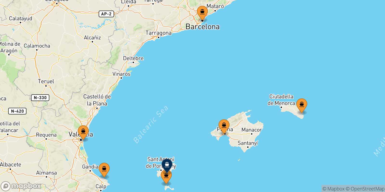 Mapa de los puertos conectados con  Ibiza