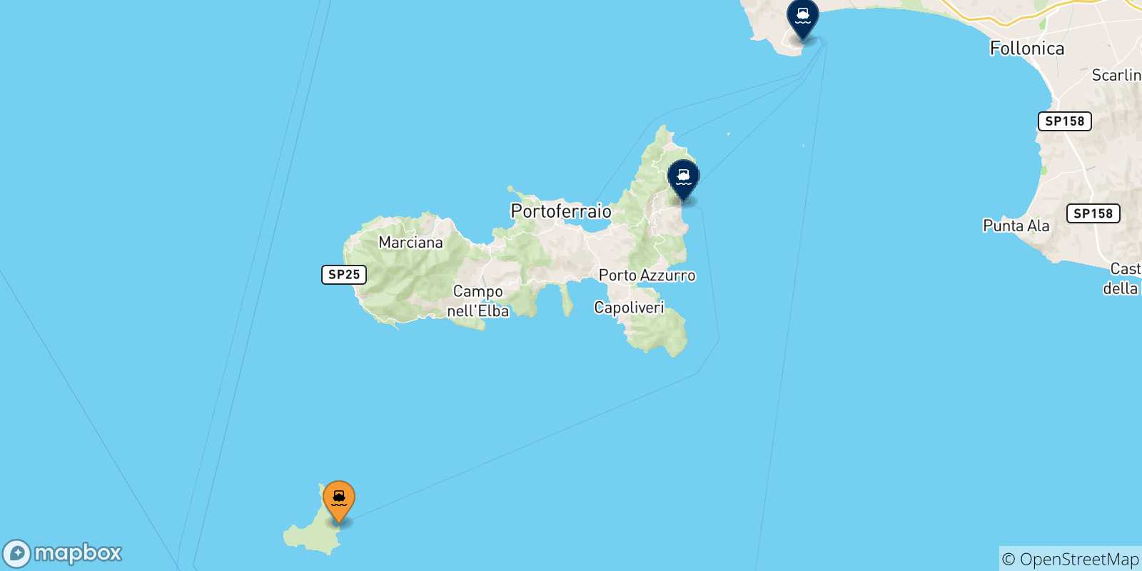 Mapa de las posibles rutas entre Isla De Pianosa y  Italia