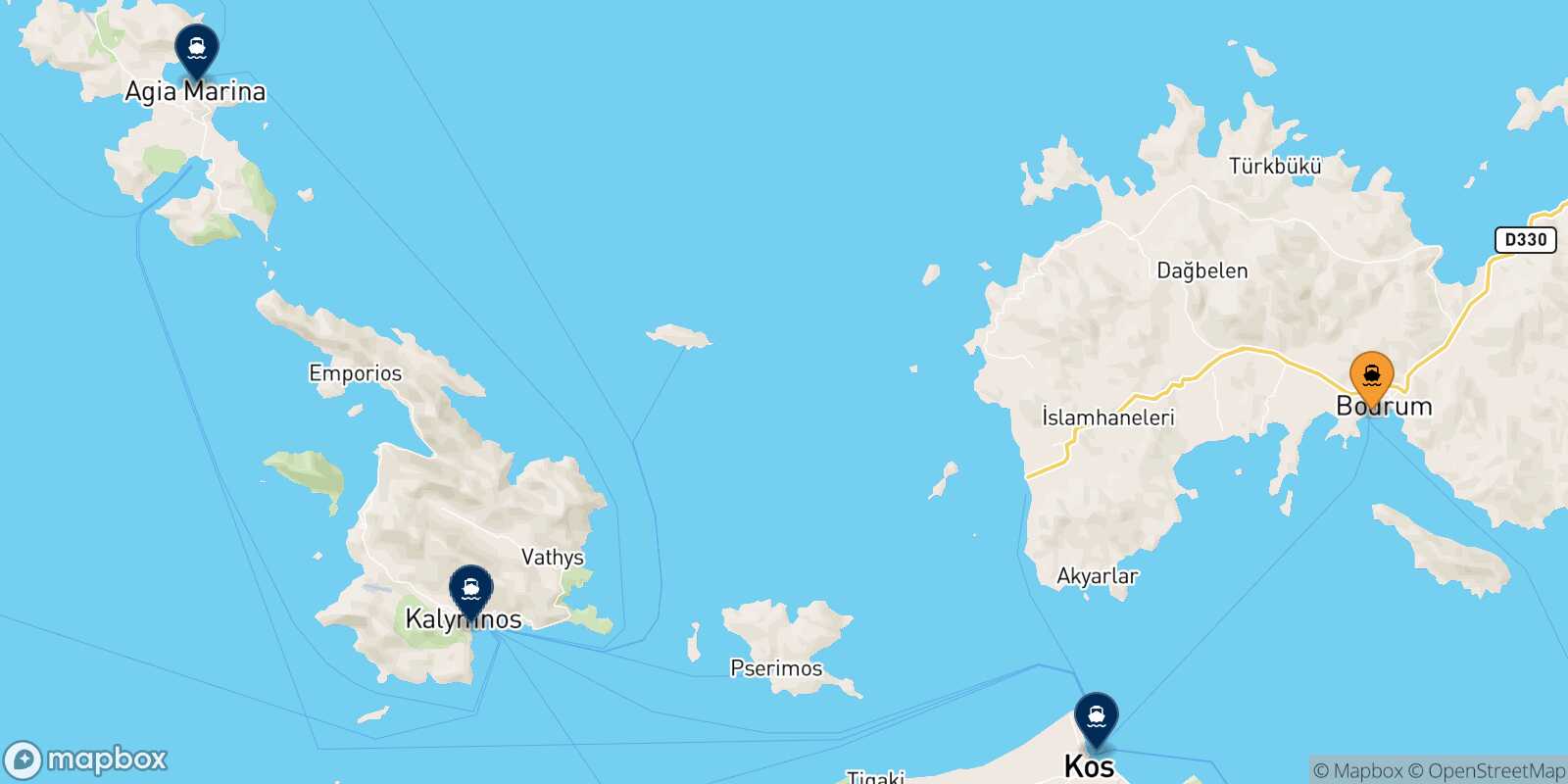 Mapa de los destinos alcanzables de Turgutreis