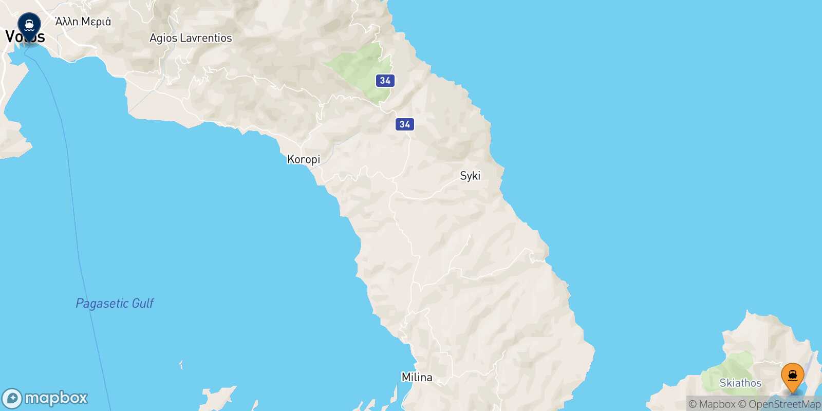 Mapa de la ruta Skiathos Volos