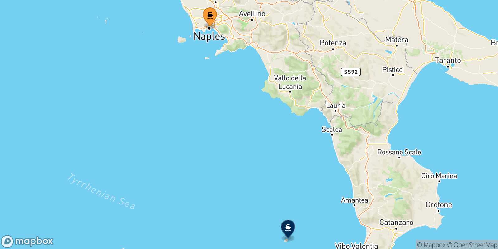 Mapa de la ruta Nápoles Stromboli