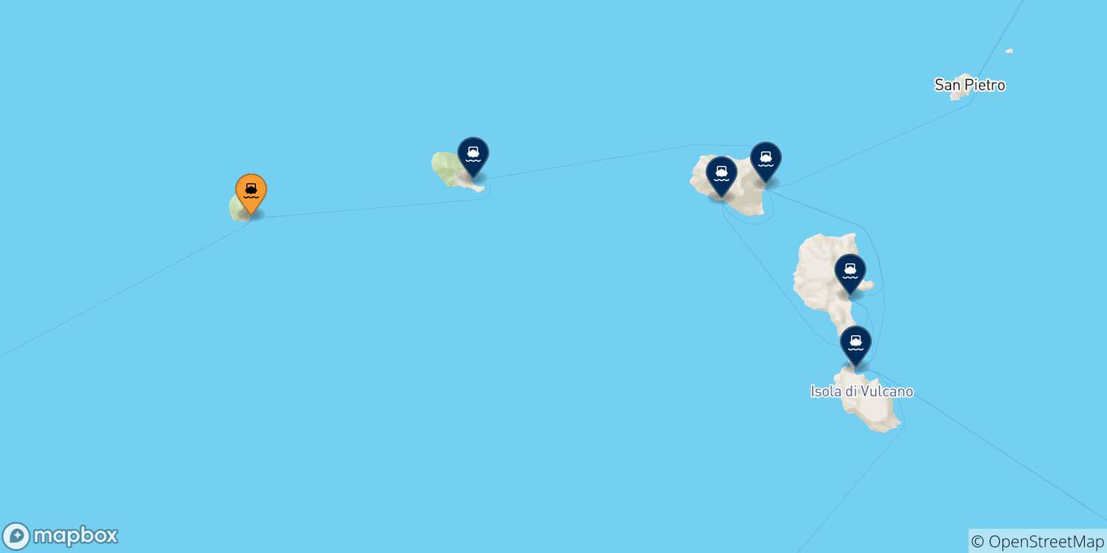 Mapa de las posibles rutas entre Alicudi y  Islas Eólicas