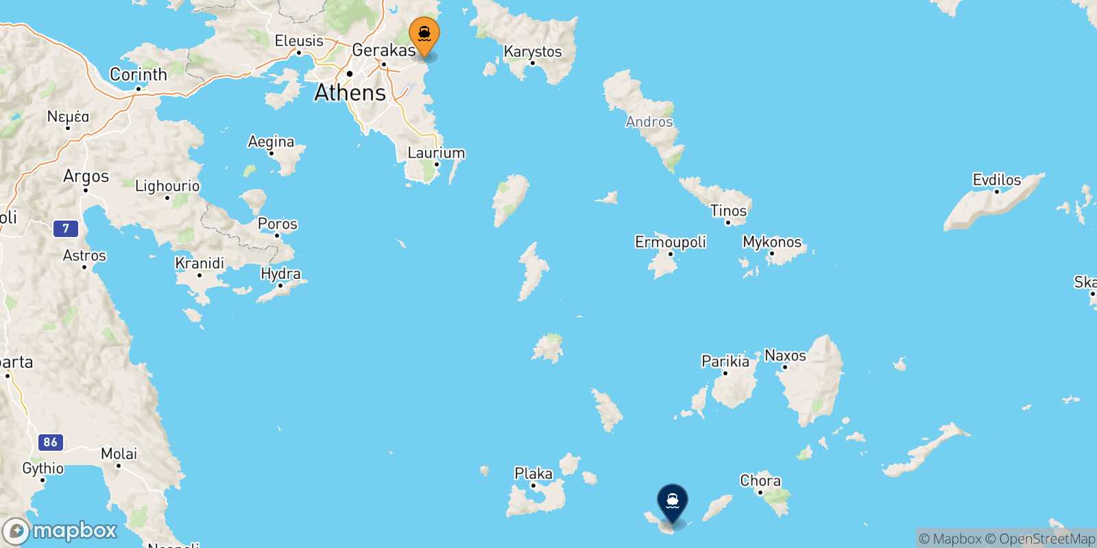 Mapa de la ruta Rafina Folegandros