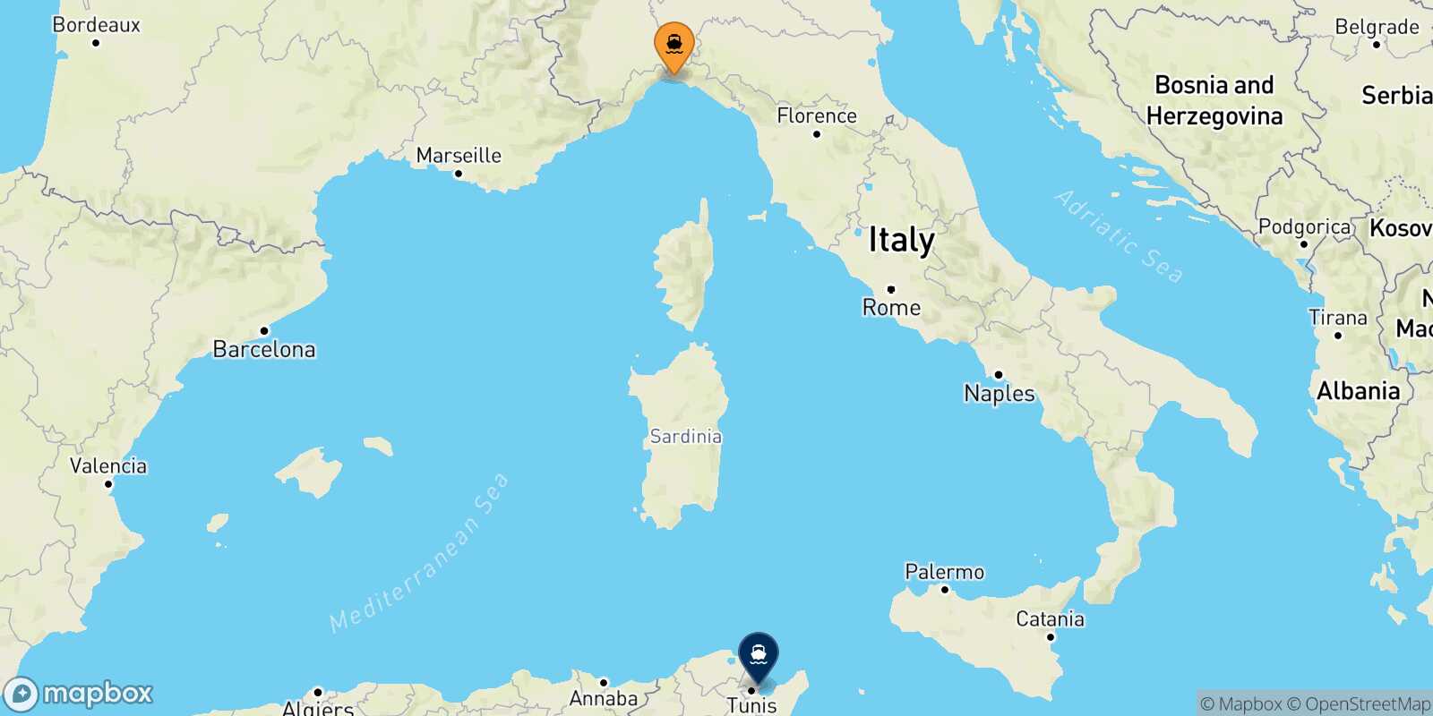Mapa de la ruta Genova Túnez