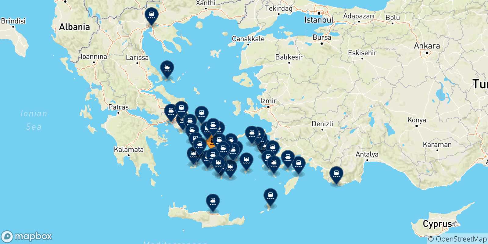 Mapa de las posibles rutas entre Paros y  Grecia
