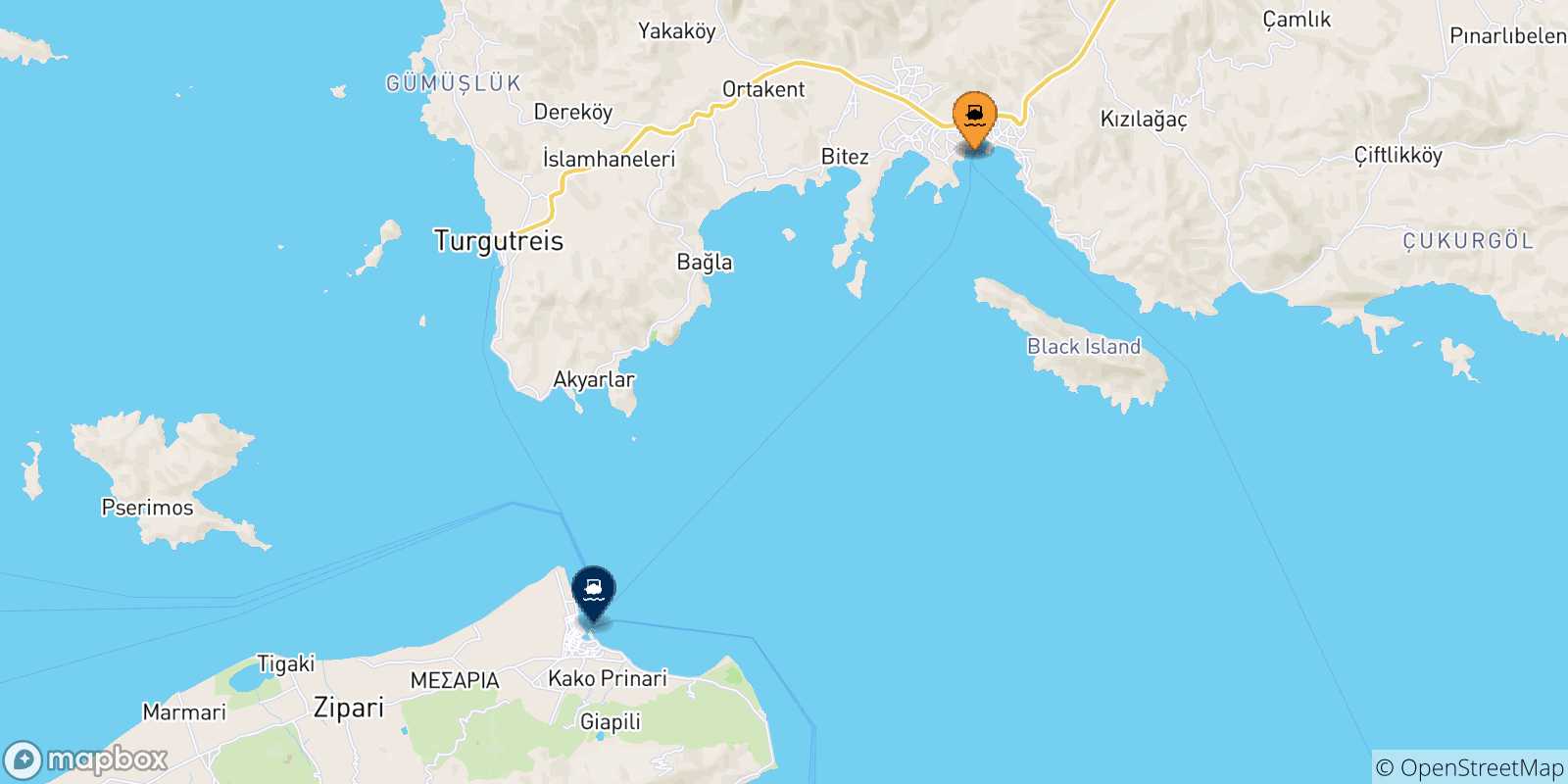 Mapa de las posibles rutas entre Turquía y  Kos