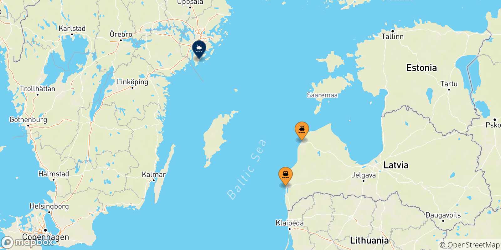 Mapa de las posibles rutas entre Letonia y  Suecia