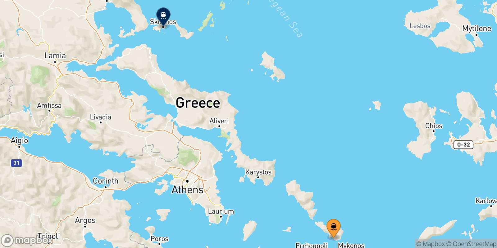 Mapa de los destinos alcanzables de Tinos