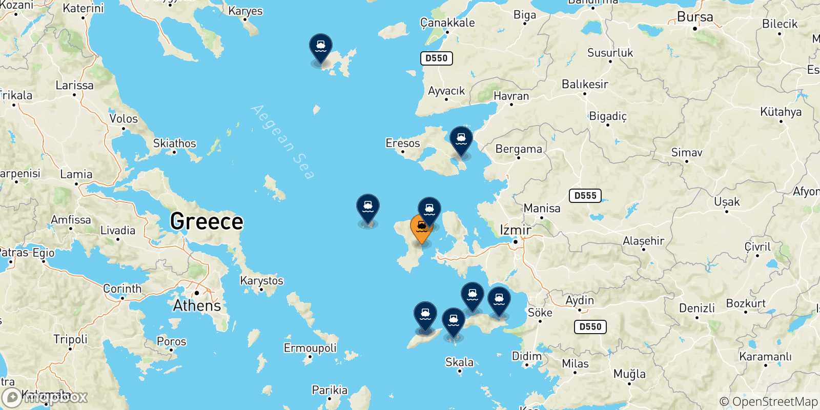 Mapa de las posibles rutas entre Quios y  Islas Del Egeo
