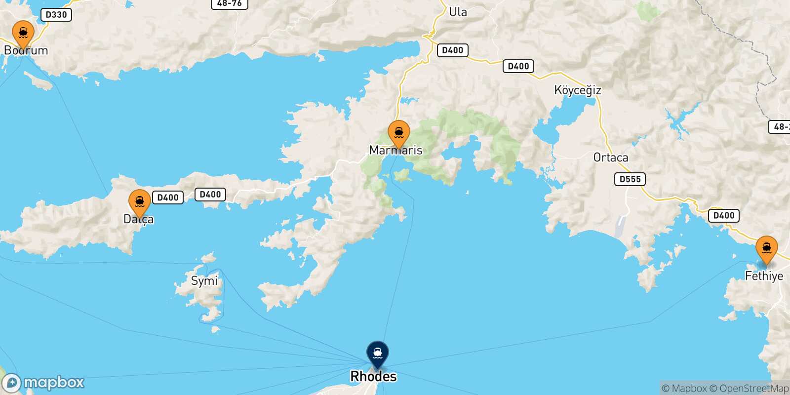 Mapa de los puertos conectados con  Rodas