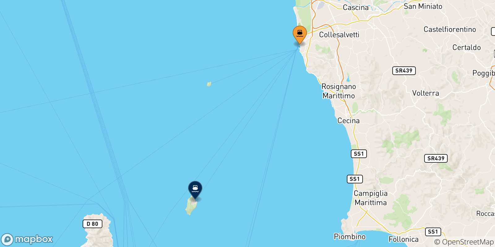 Mapa de los puertos conectados con  Isla De Capraia