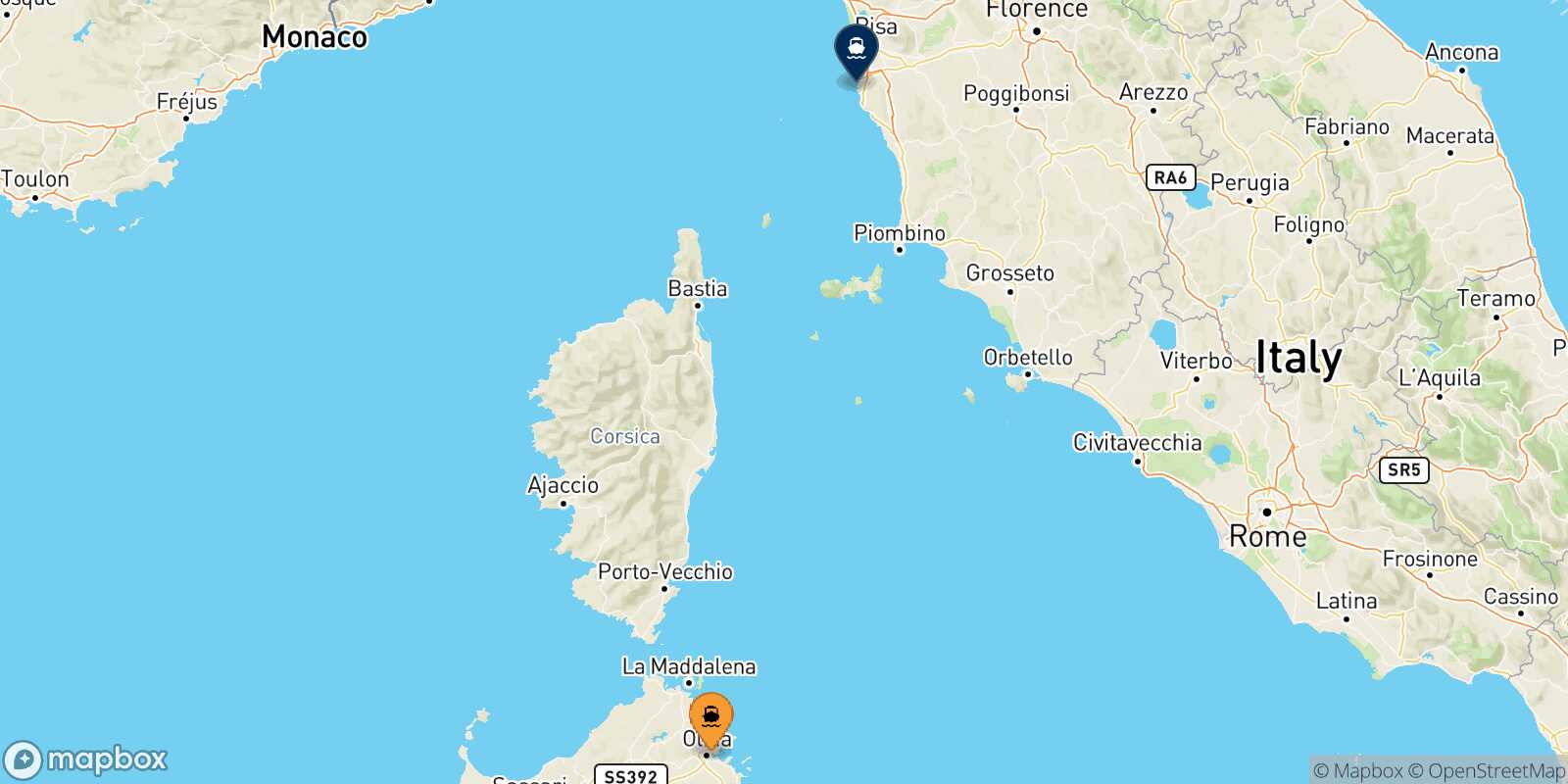 Mapa de la ruta Olbia Livorno