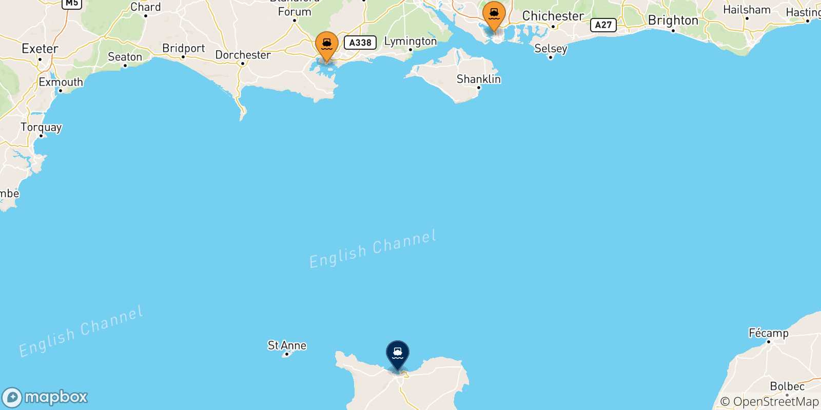 Mapa de las posibles rutas entre Reino Unido y  Cherbourg