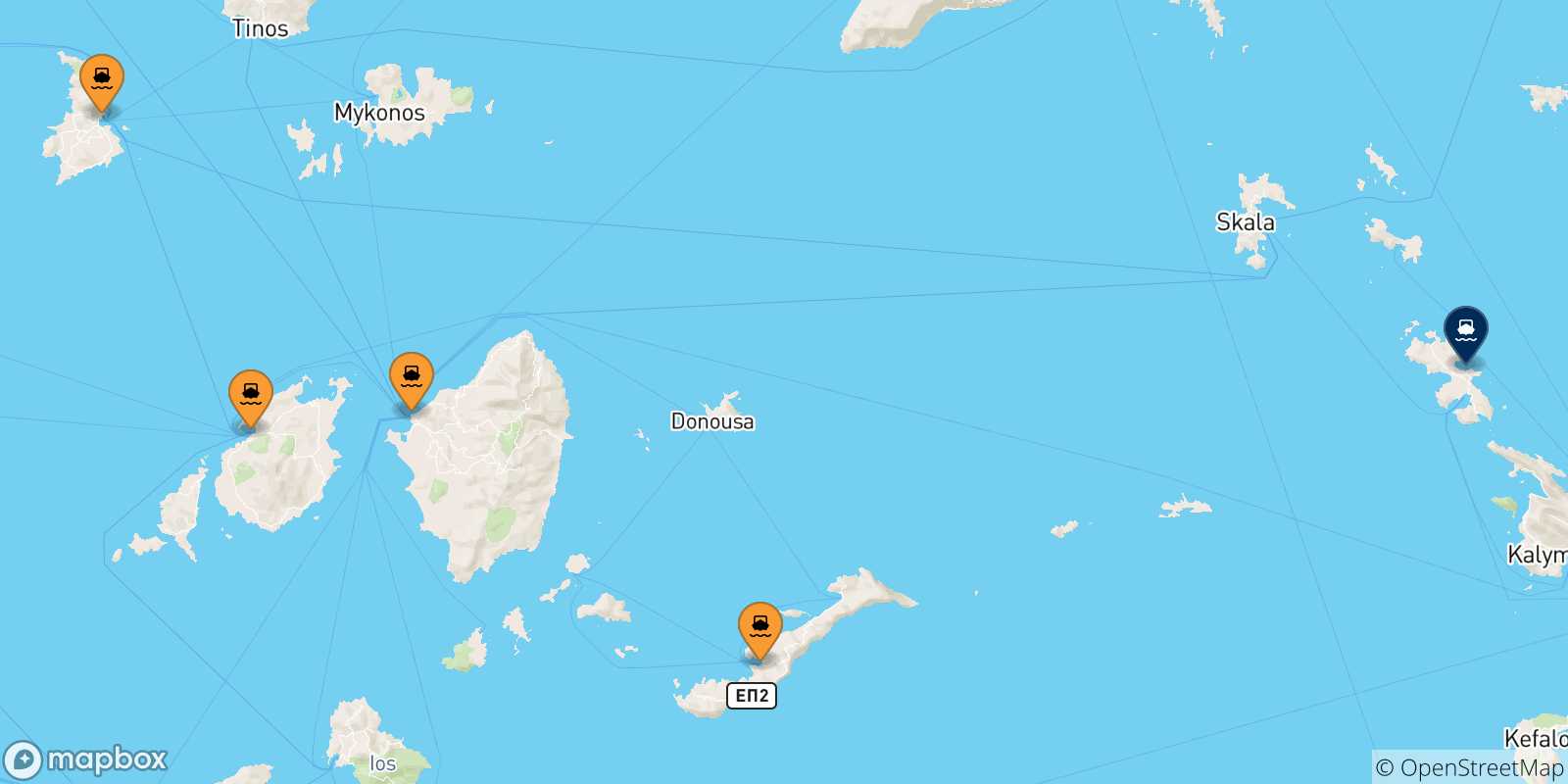 Mapa de las posibles rutas entre Las Cicladas y  Leros