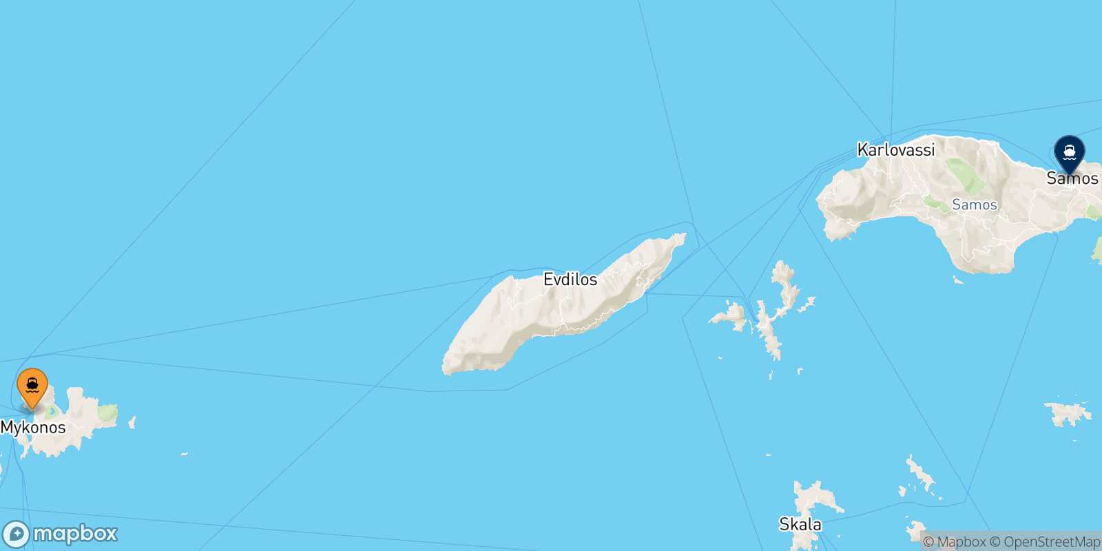 Mapa de la ruta Mykonos Vathi (Samos)